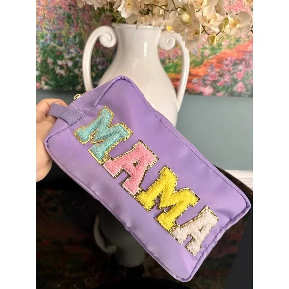 PREPPY Mama Cosmetic Toiletry Bag Chenille Letter Patch Nylon Zip Travel - Picture 7 of 7